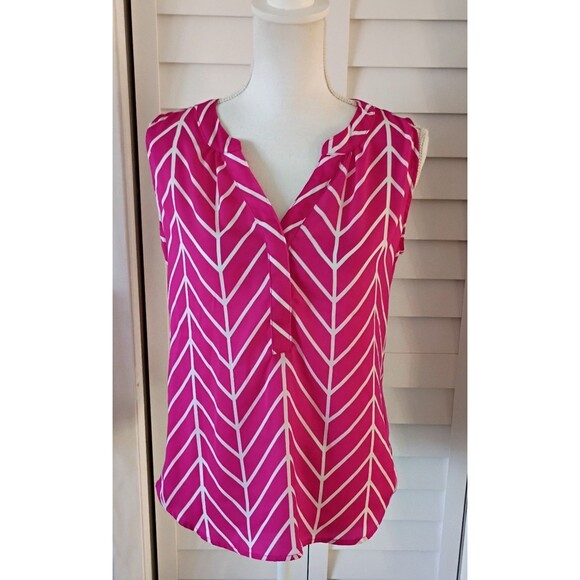 Hanna & Gracie Pink & White Chevron Sleeveless V-Neck Blouse M - Picture 1 of 9